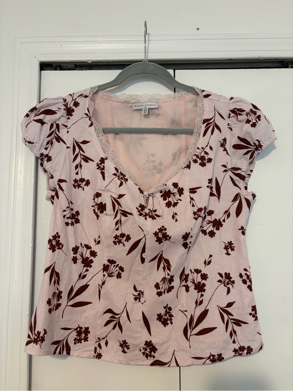 Maison d’amelie Baby Pink & Chocolate Floral Lace-Trim Button Front Blouse